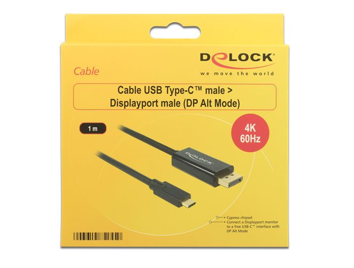 DeLock USB Type-C male > Displayport male (DP Alt Mode) 4K 60 Hz Cable 1m Black