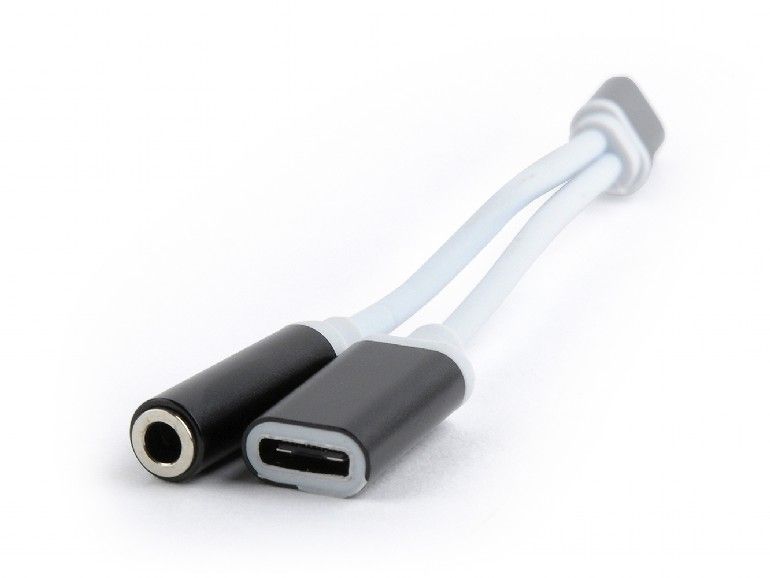 Gembird USB type-C plug to stereo 3.5 mm audio adapter cable with extra power socket Black