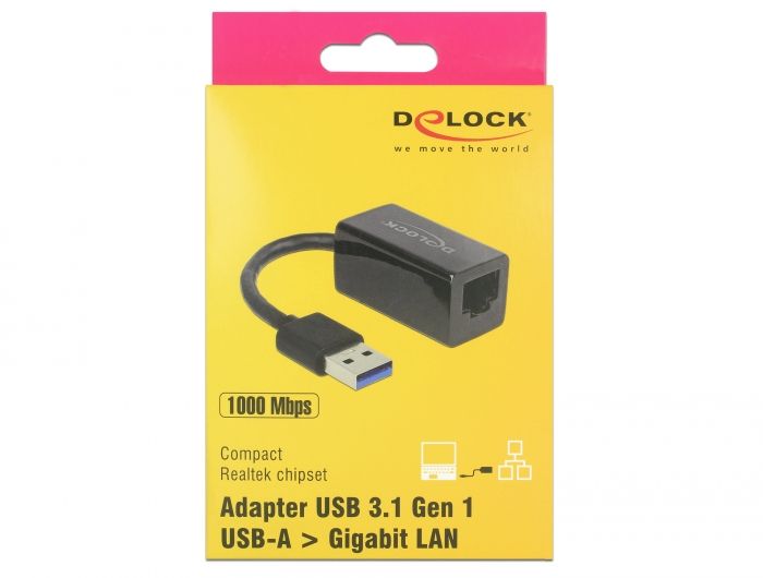 DeLock SuperSpeed USB3.1 Type-A male > Gigabit LAN 10/100/1000 Mbps compact Adapter Black