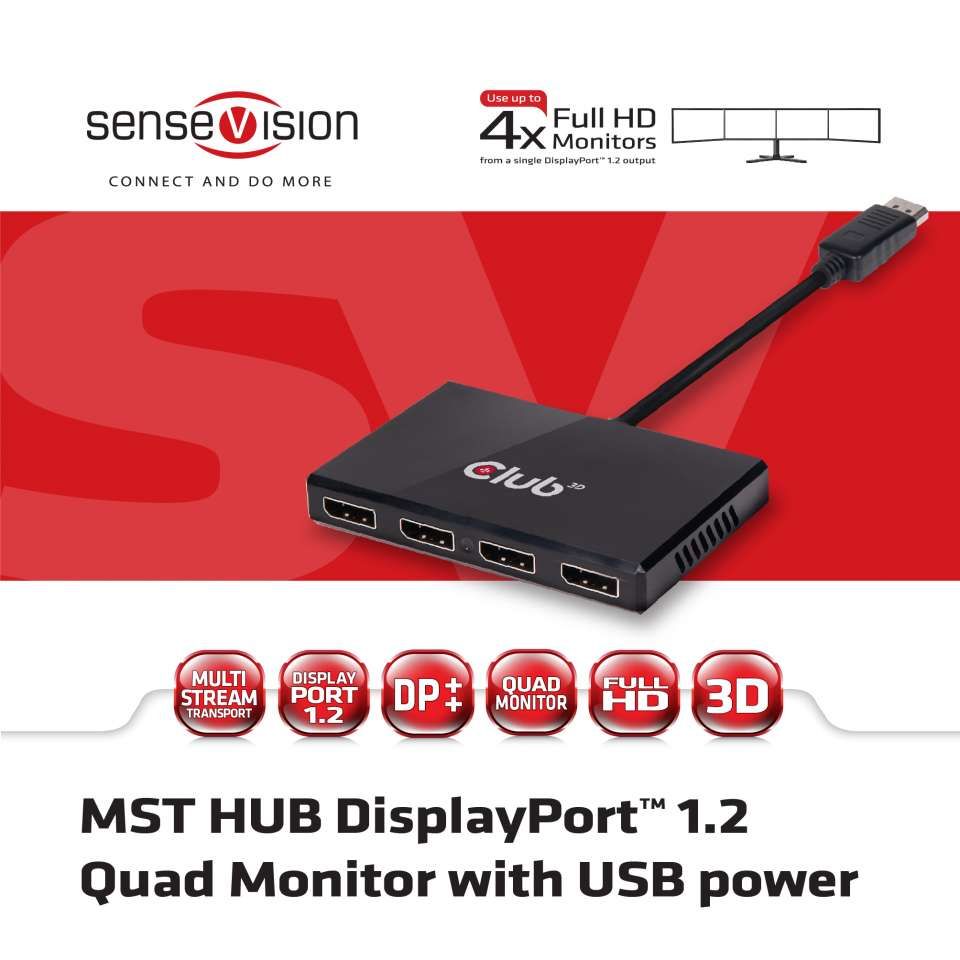 Club3D Multi Stream Transport (MST) Hub DisplayPort 1.2 Quad Monitor USB Powered