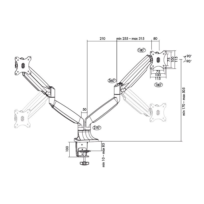 Logilink BP0043 Dual alumium monitor desk mount, tilt -90/+90, swivel -90/+90, level adjustment -90/+90