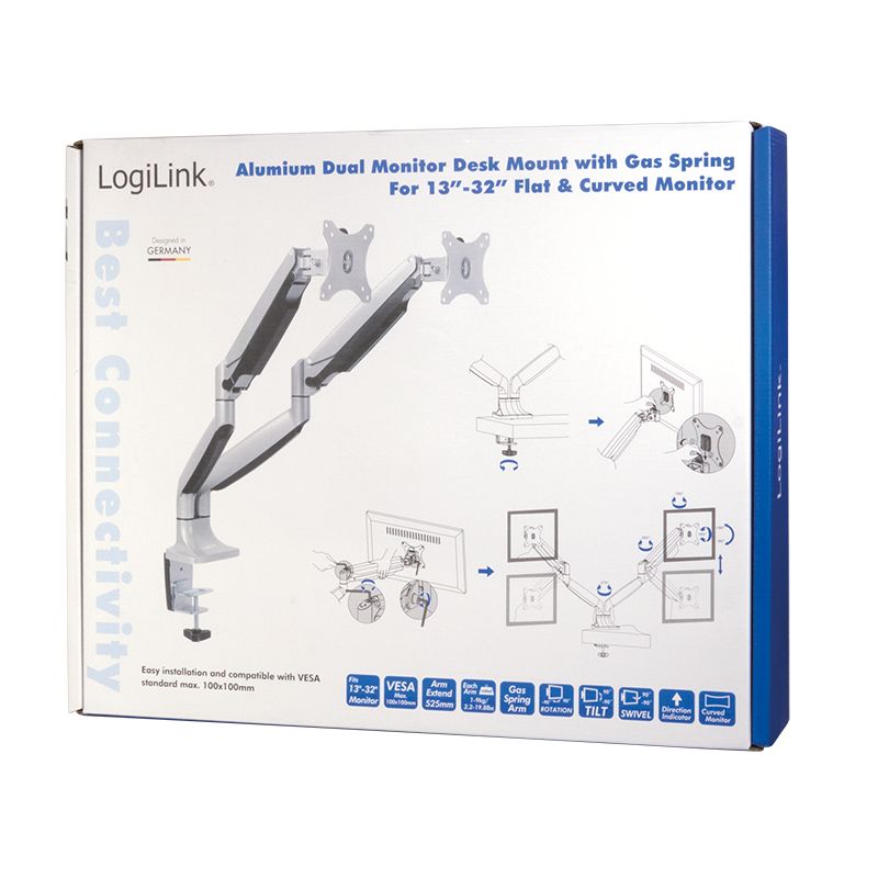 Logilink BP0043 Dual alumium monitor desk mount, tilt -90/+90, swivel -90/+90, level adjustment -90/+90