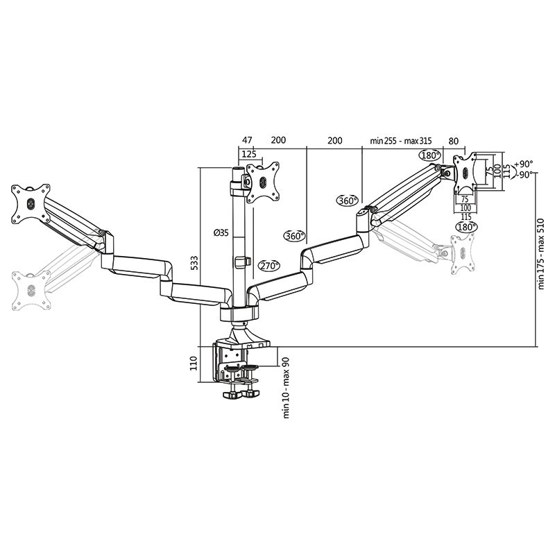 Logilink BP0052 Triple alumium monitor desk mount, tilt -90/+90, swivel -90/+90, level adjustment -90/+90