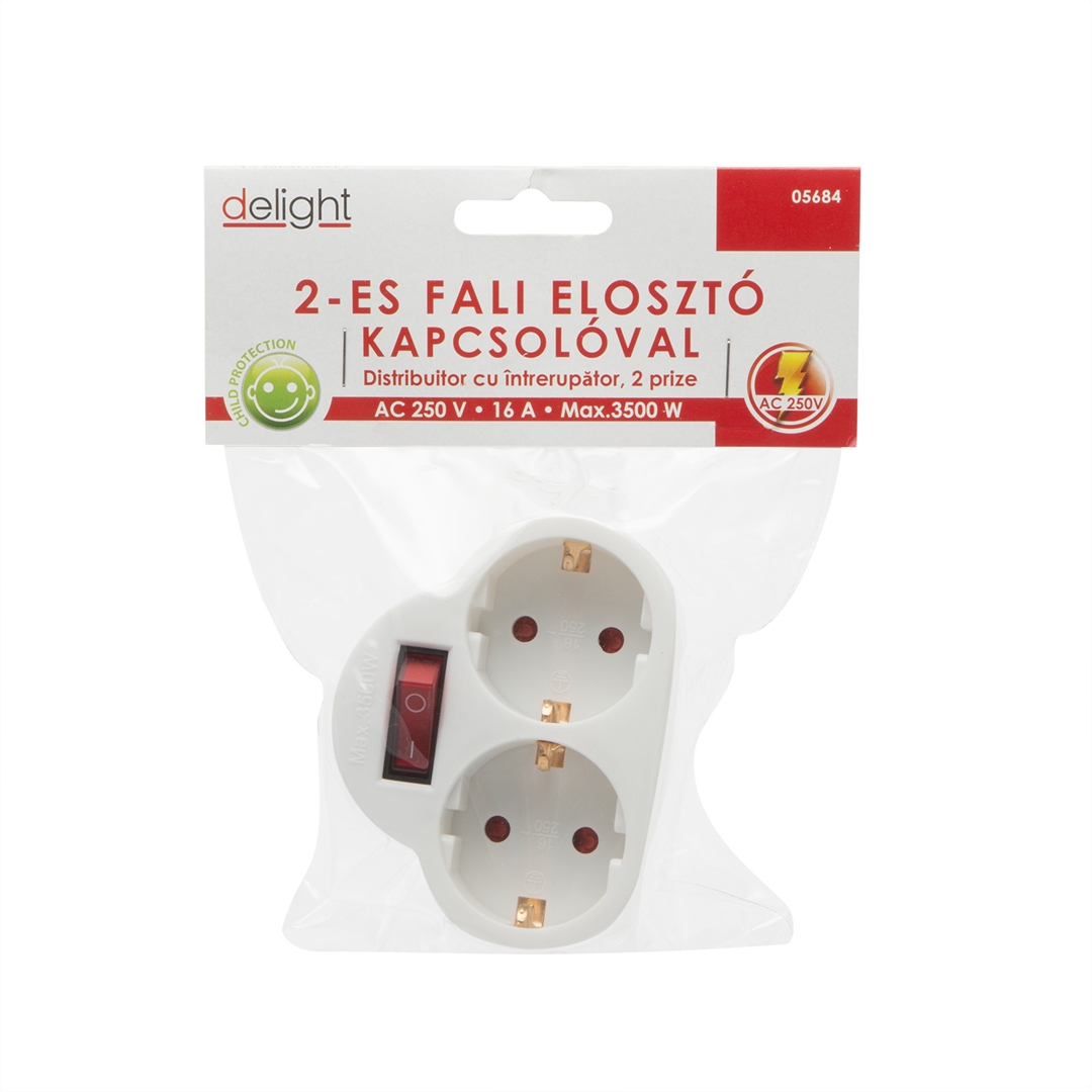 Delight Hálózati elosztó 2 aljzat, kapcsolóval