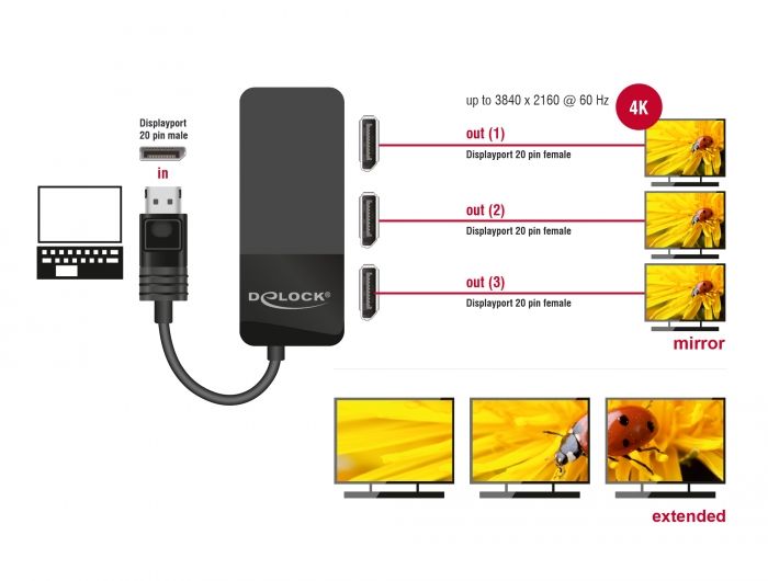 DeLock DisplayPort 1.4 Splitter 1 x DisplayPort in > 3 x DisplayPort out