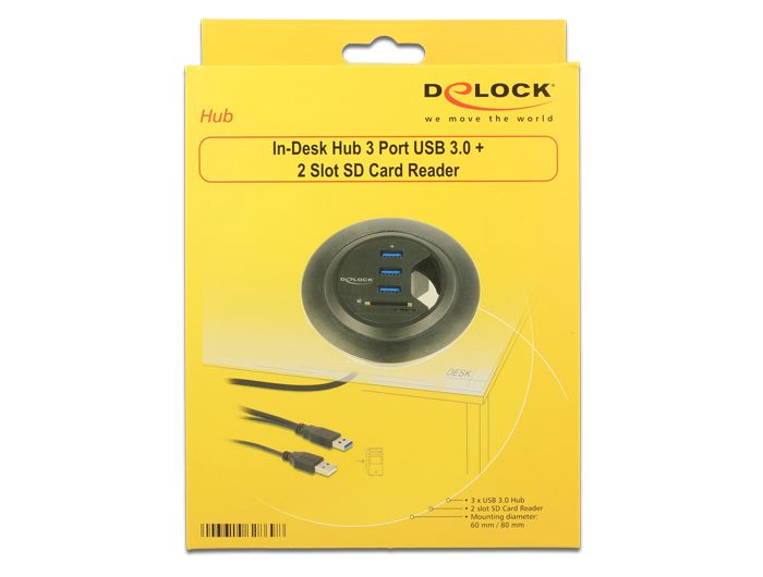 DeLock In-Desk Hub 3 Port USB 3.0 + 2 Slot SD Card Reader
