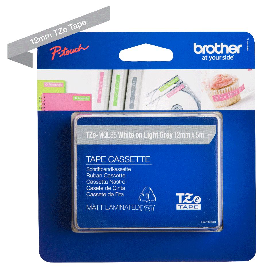 Brother TZE-MQL35 laminált P-touch szalag (12mm)  White on Light Grey - 5m