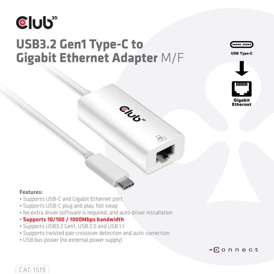 Club3D USB3.2 Gen1 Type-C to Gigabit Ethernet Adapter White