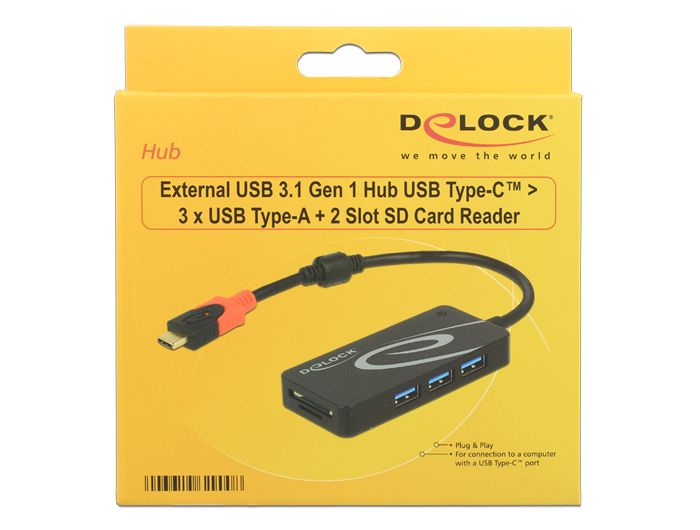 DeLock External USB 3.1 Gen 1 Hub USB Type-C > 3x USB Type-A + 2 Slot SD Card Reader Black