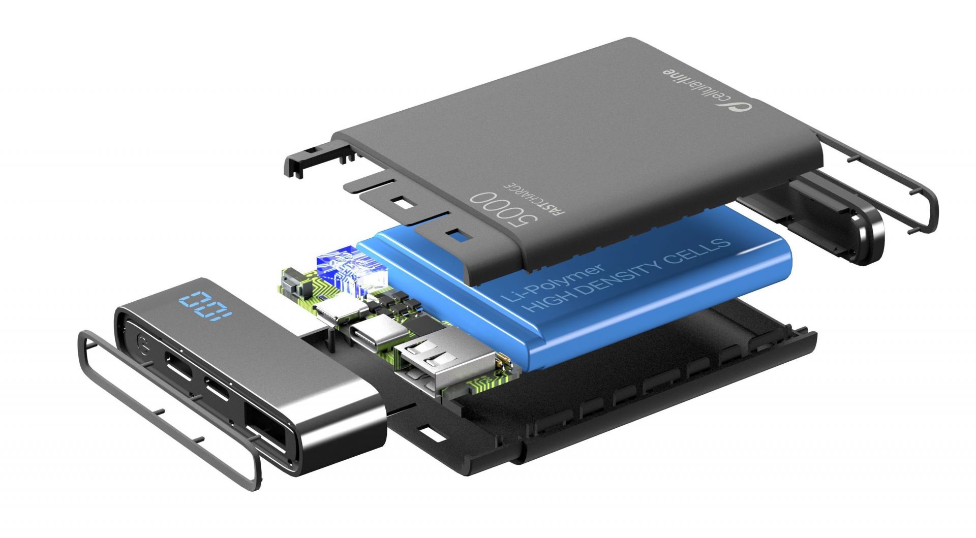 Cellularline Compact power bank FreePower Manta HD, 5000 mAh, USB-C + USB port, fast charging, black