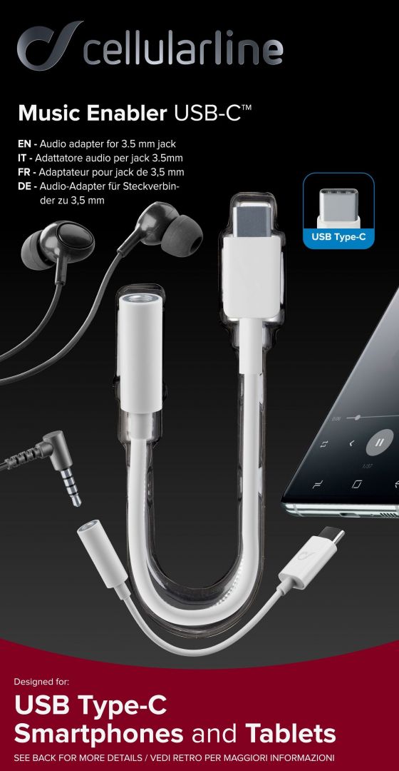 Cellularline Music Enabler adapter from USB-C connector to 3.5 mm jack, white