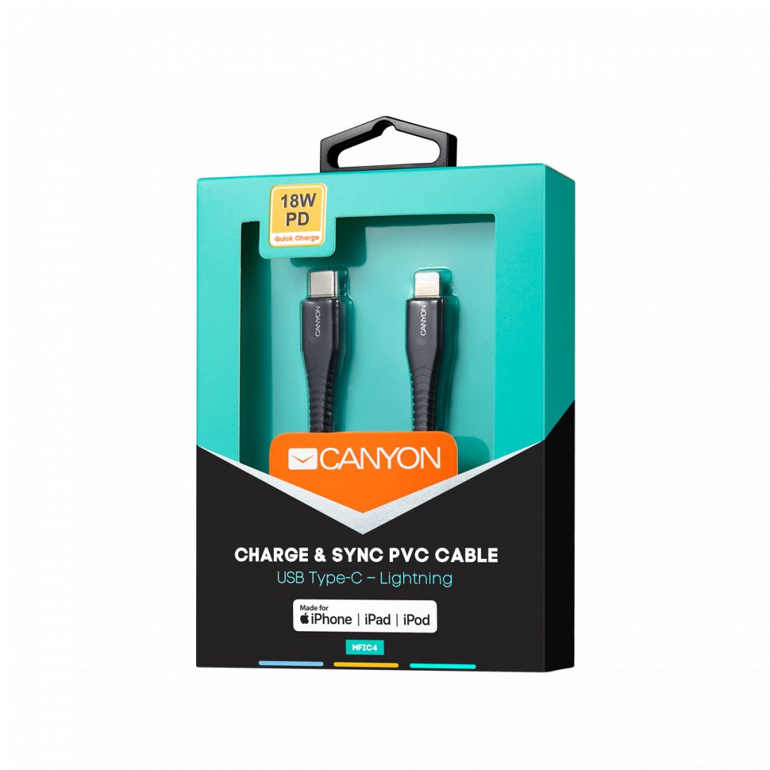 Canyon MFI-4 Charge And Sync Cable USB Type-C - Lightning Black