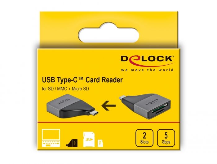 DeLock USB Type-C Card Reader for SD/MMC + Micro SD memory cards compact design