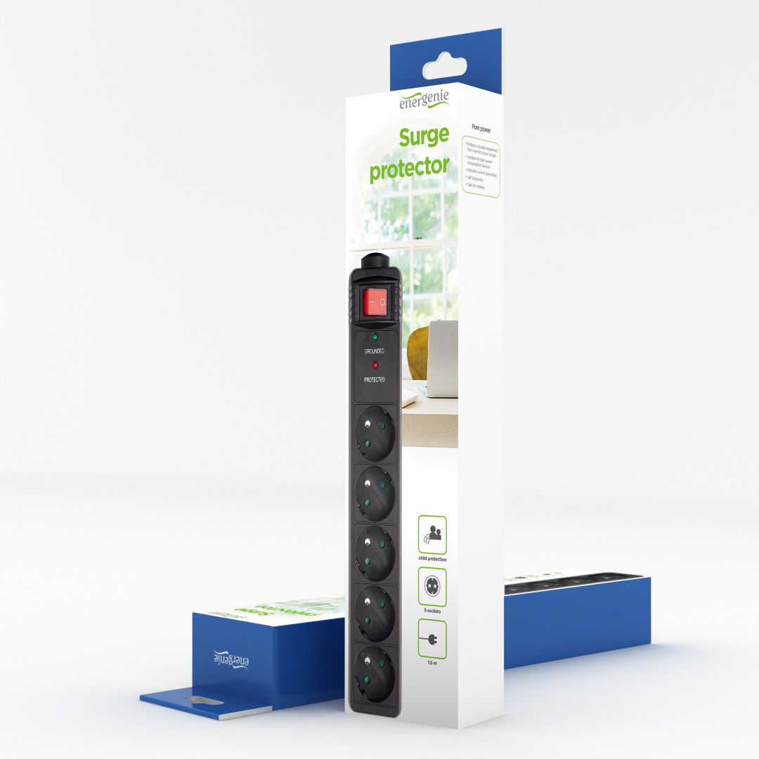 Gembird Surge protector 5 French sockets 1,5m Black