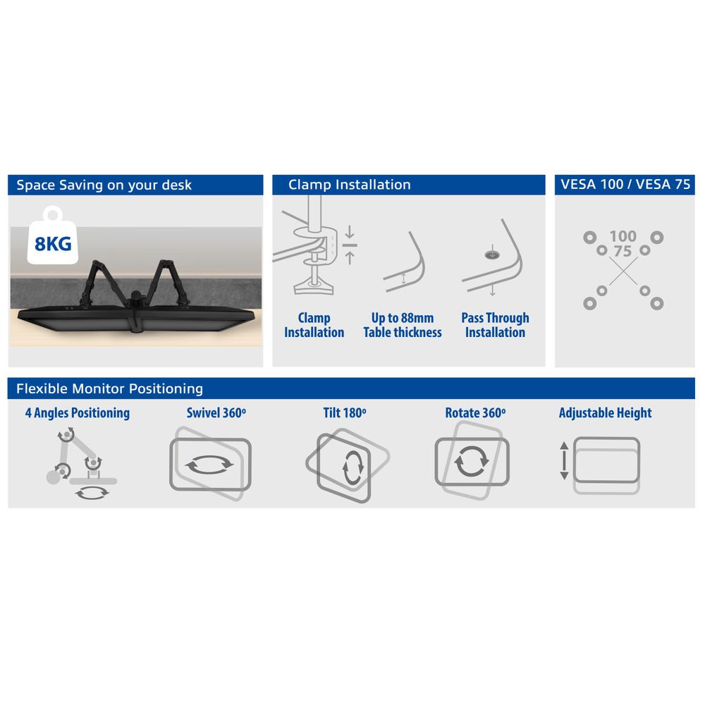 ACT AC8302 Monitor Desk Mount For 2 Monitors / Up to 32"