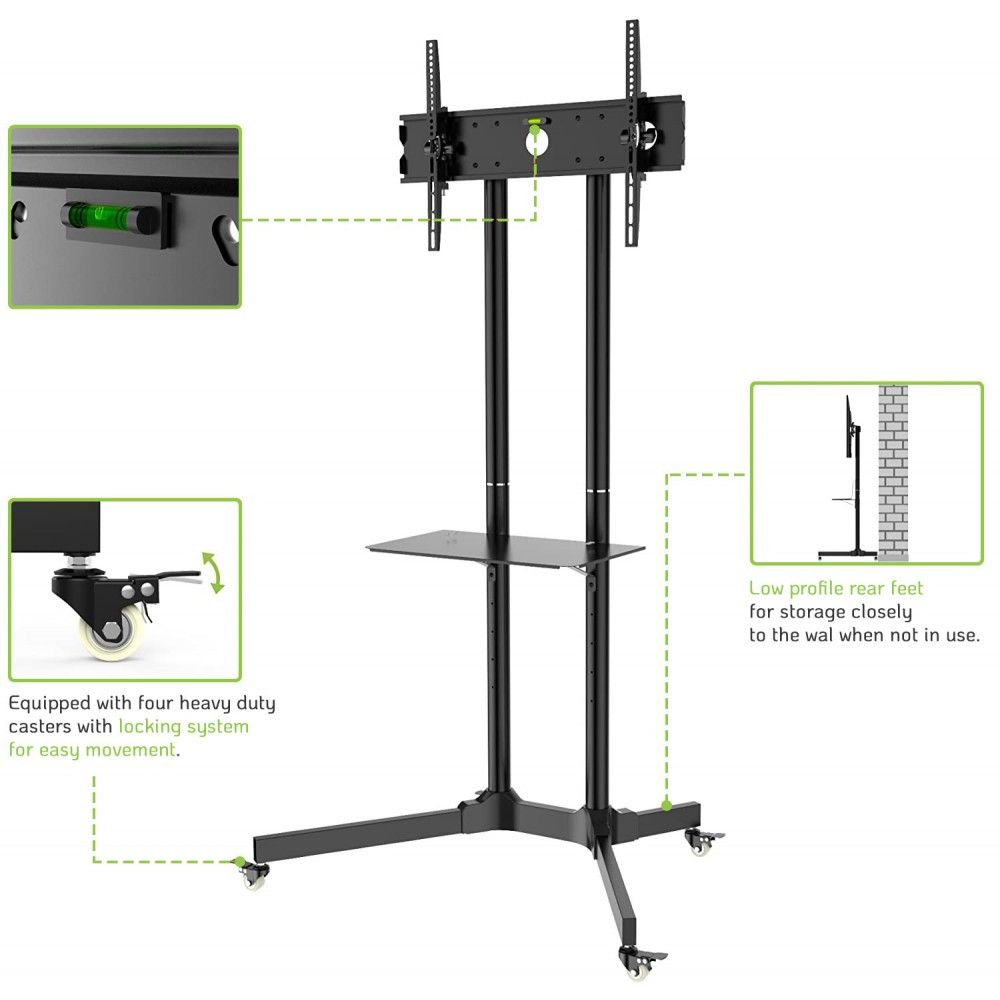 TECHLY  30"-65" Floor Trolley with Shelf Support LCD / LED / Plasma Black