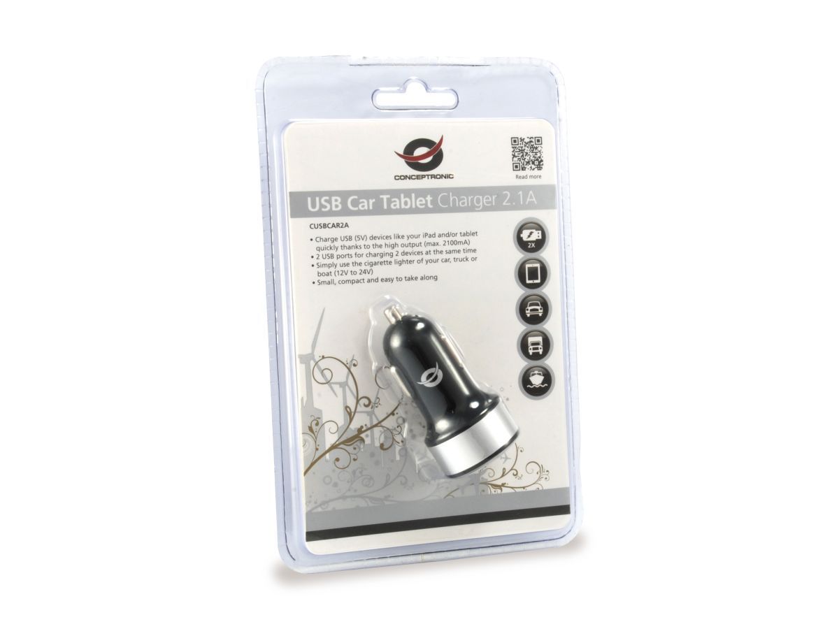 Conceptronic  CUSBCAR2A 2-Port USB Car Tablet Charger 2,1A Black