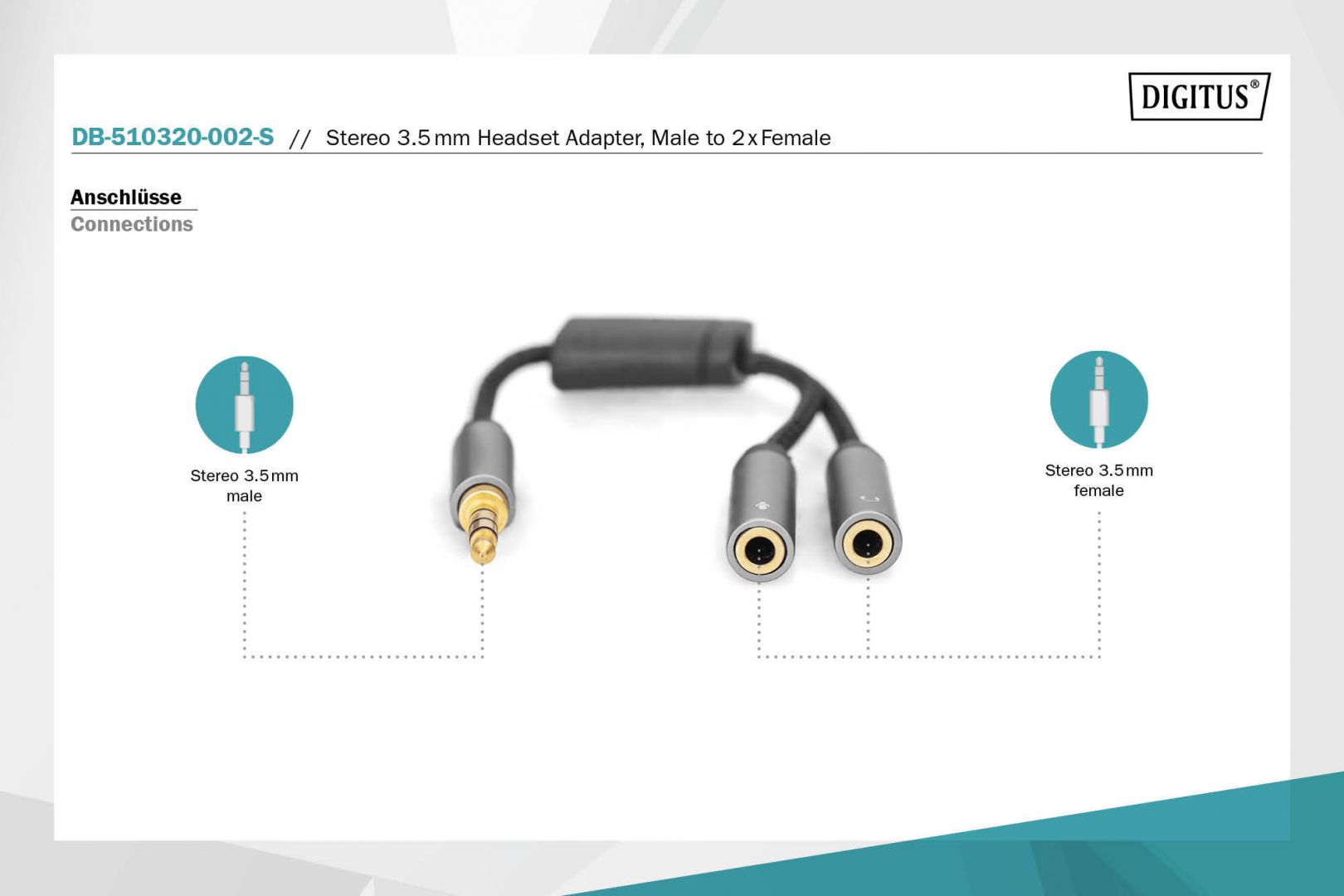 Digitus DB-510320-002-S Audio Headset Adapter 3.5mm jack to 2x 3.5mm socket Black