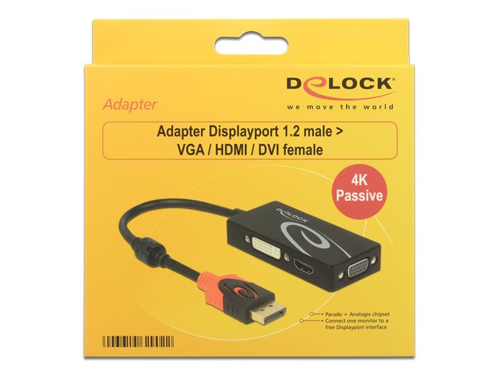 DeLock DisplayPort 1.2 male > VGA / HDMI / DVI-D (Single Link) female 4K Passive adapter Black