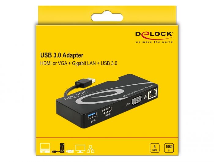 DeLock USB 3.0 to HDMI / VGA + Gigabit LAN + USB 3.0 Adapter Black