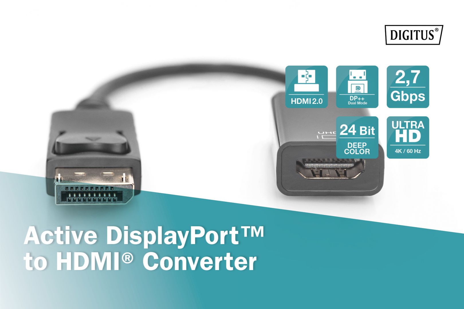 Digitus Active DisplayPort Adapter/Converter DP to HDMI 0,2m Black
