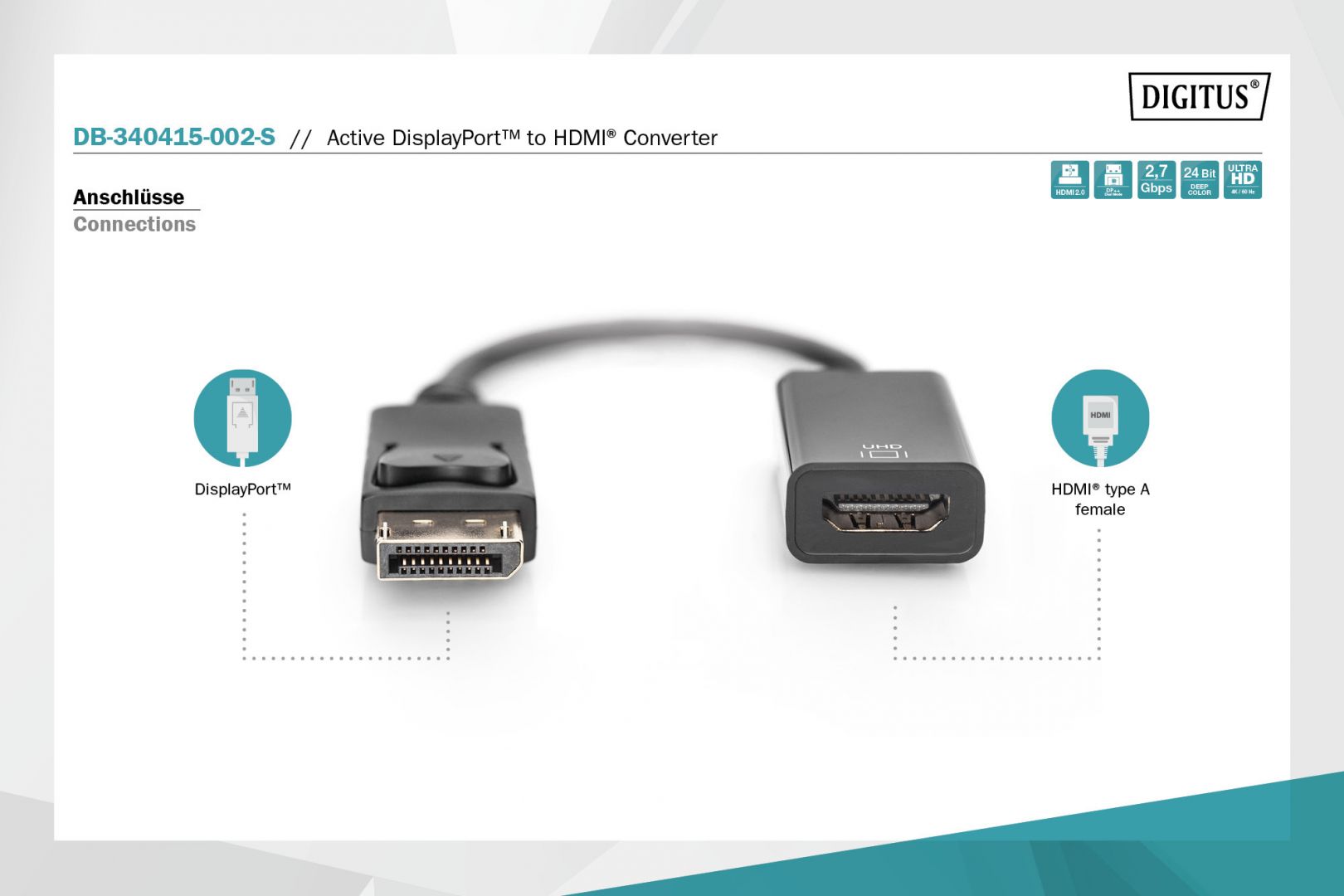 Digitus Active DisplayPort Adapter/Converter DP to HDMI 0,2m Black