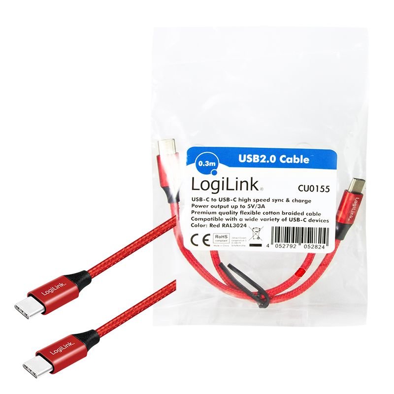 Logilink USB 2.0 Type-C cable C/M to USB-C/M 0,3m Red