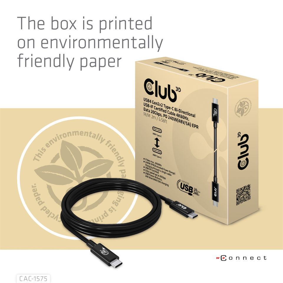 Club3D USB4 Gen2x2 Type-C video cable 4K60Hz 2m Black