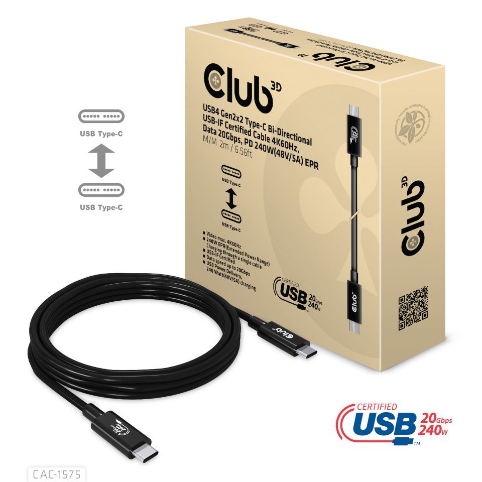 Club3D USB4 Gen2x2 Type-C video cable 4K60Hz 2m Black