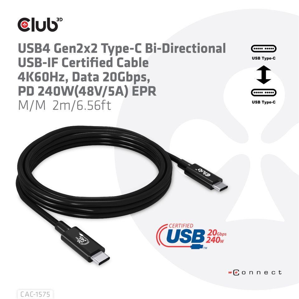Club3D USB4 Gen2x2 Type-C video cable 4K60Hz 2m Black