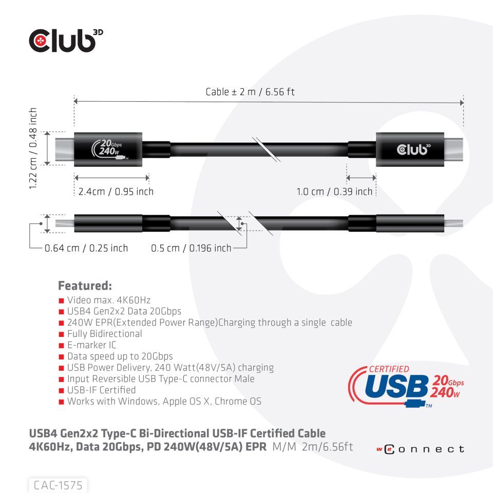 Club3D USB4 Gen2x2 Type-C video cable 4K60Hz 2m Black