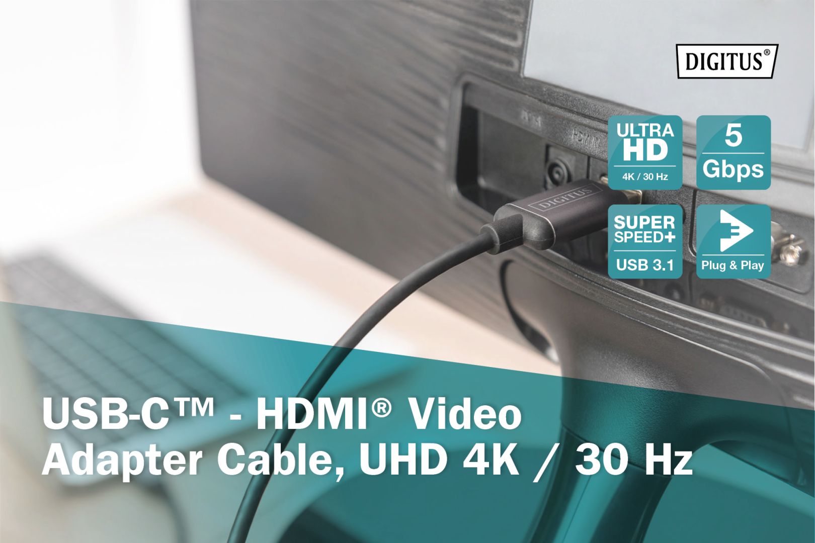 Digitus USB-C to HDMI male/male cable 1,8m Black