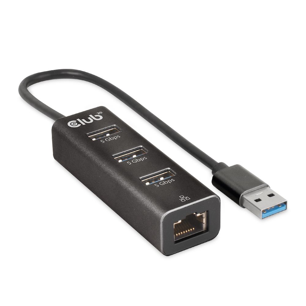 Club3D USB 3.2 Gen1 Type-A 3 Ports Hub with Gigabit Ethernet Black