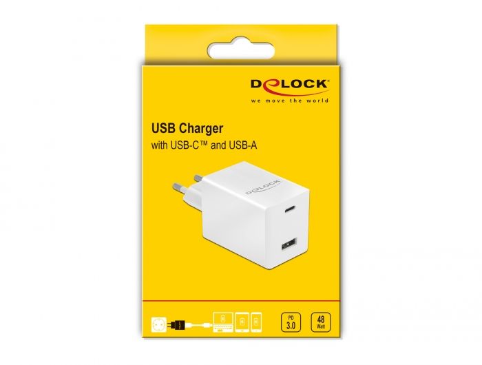 DeLock USB Charger USB Type-C PD 3.0 and USB Type-A with 48W White