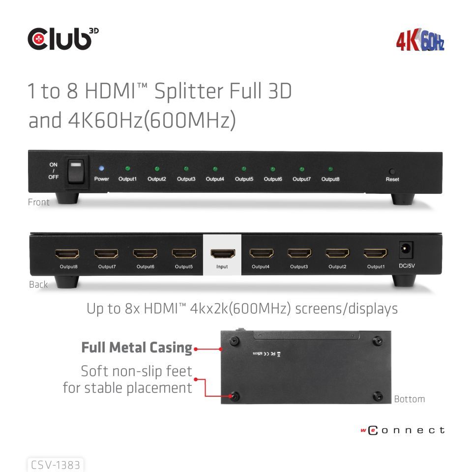 Club3D 1 to 8 HDMI Splitter Full 3D and 4K60Hz (600MHz)