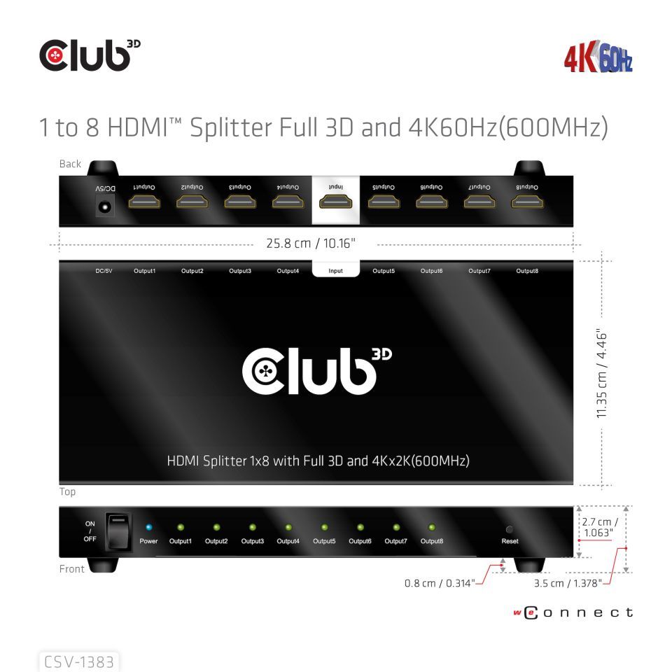 Club3D 1 to 8 HDMI Splitter Full 3D and 4K60Hz (600MHz)