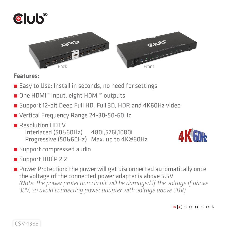 Club3D 1 to 8 HDMI Splitter Full 3D and 4K60Hz (600MHz)