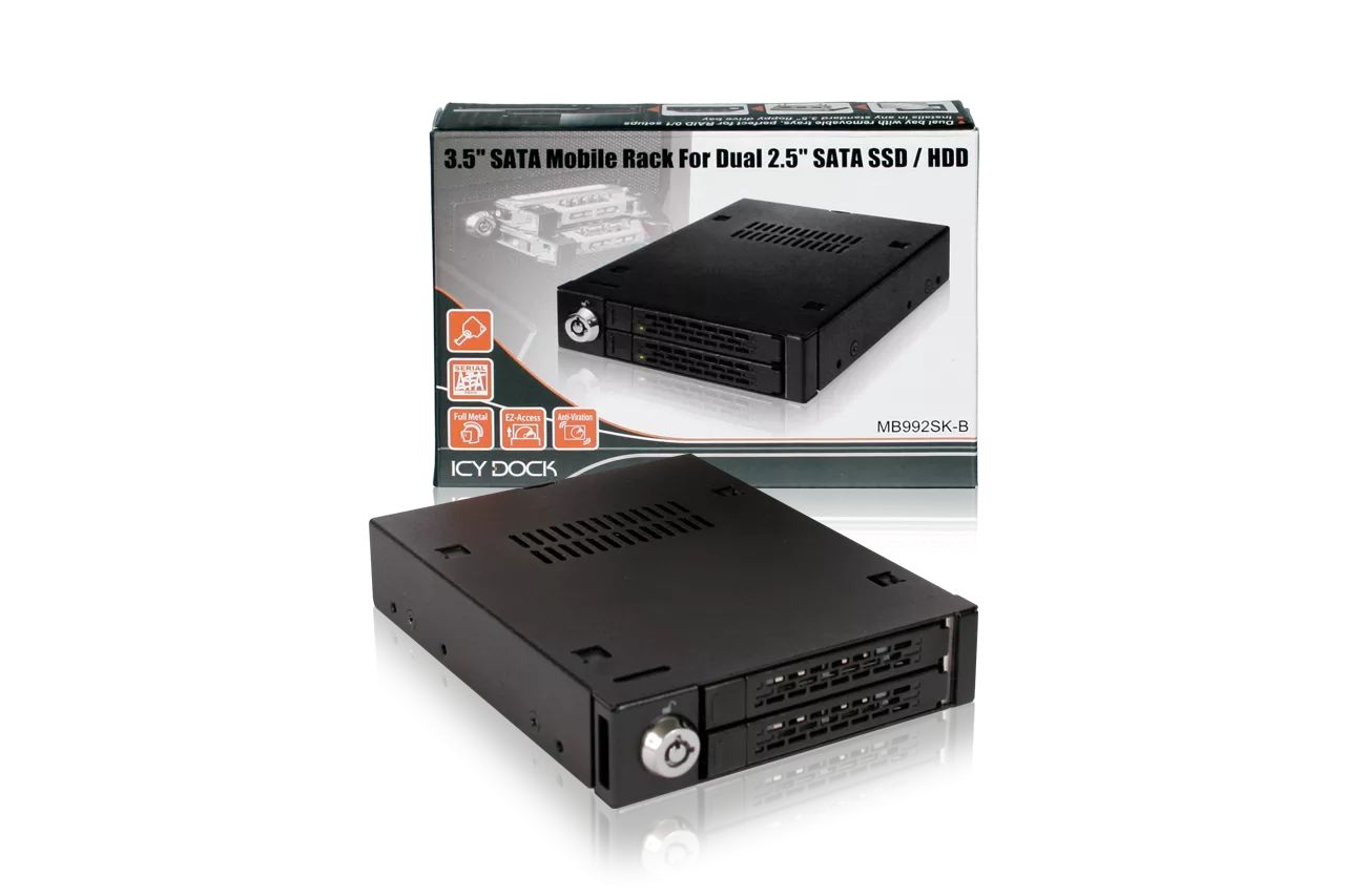 IcyDock ToughArmor MB992SK-B Full Metal 2 Bay 2.5” SATA/SAS HDD & SSD Mobile Rack for External 3.5" Drive Bay