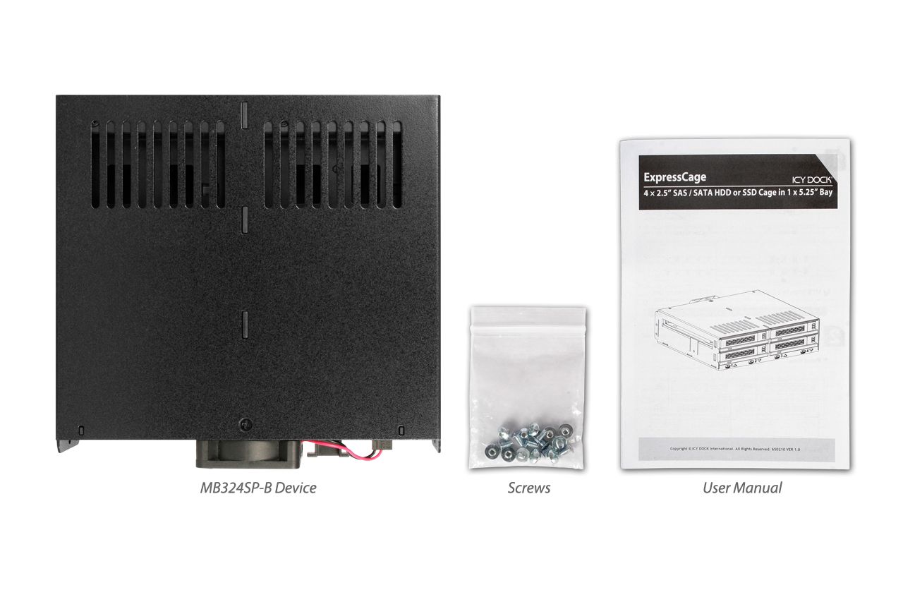 IcyDock ExpressCage MB324SP-B 4 Bay 2.5" SAS/SATA HDD & SSD Hot Swap Cage for External 5.25" Bay - Comparable to Tray-Less Design