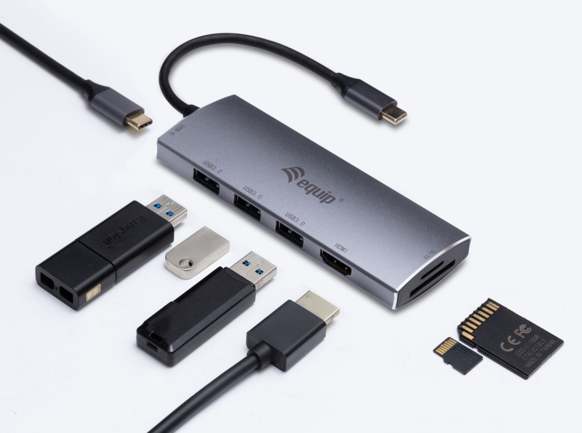 EQuip USB-C 7 in 1 Multifunctional Adapter, HDMI, USB 3.0, TF/MICRO SD, 60W USB PD