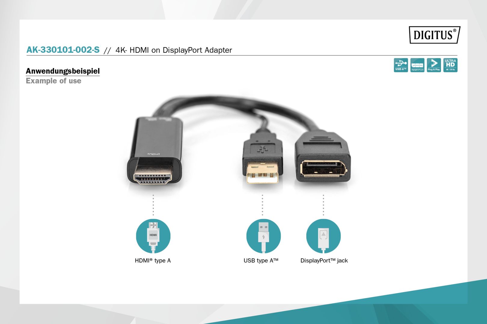 Digitus HDMI M to DP F with external Power 4K@30Hz. 0,2m Black
