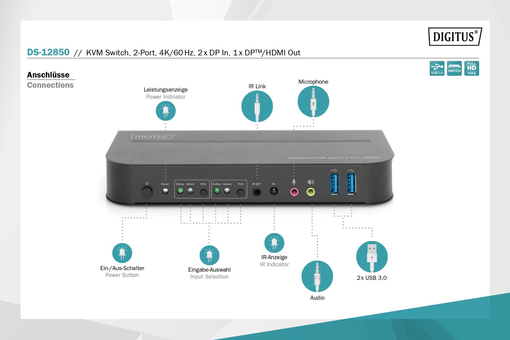 Digitus KVM Switch 2-Port 4K60Hz 2 x DP in 1 x DP/HDMI out Black