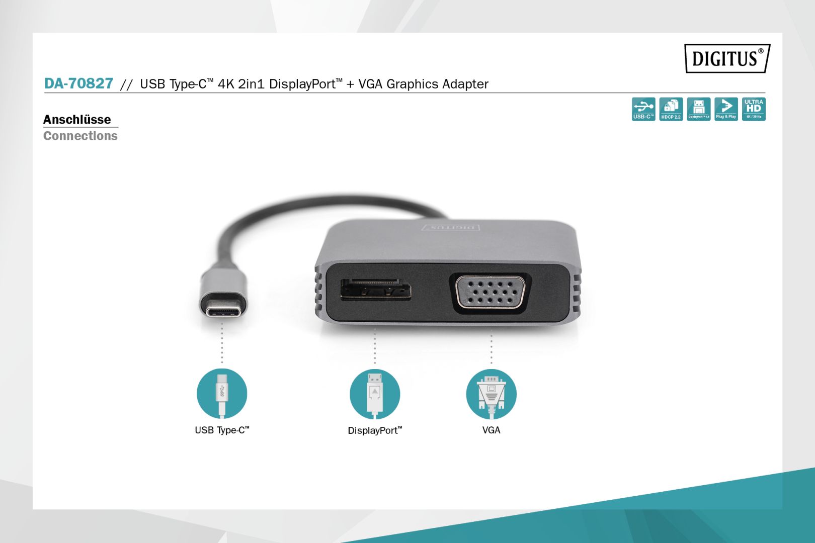 Digitus USB Type-C 4K 2-in-1 DisplayPort + VGA Graphics Adapter Silver