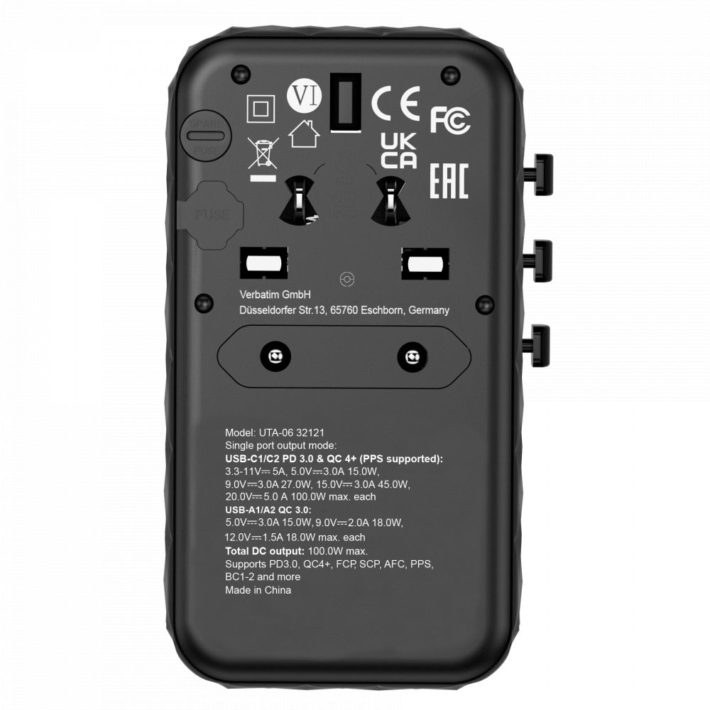 Verbatim GaN III Universal Travel Adapter UTA-06  with 2 x USB-C PD & QC 4+ & 2 x USB-A QC 3.0 ports