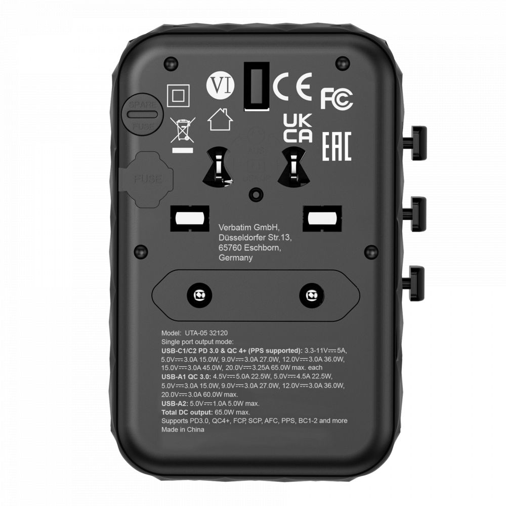 Verbatim GaN III Universal Travel Adapter UTA-05 with 2 x USB-C PD & QC 4+ & 2 x USB-A ports
