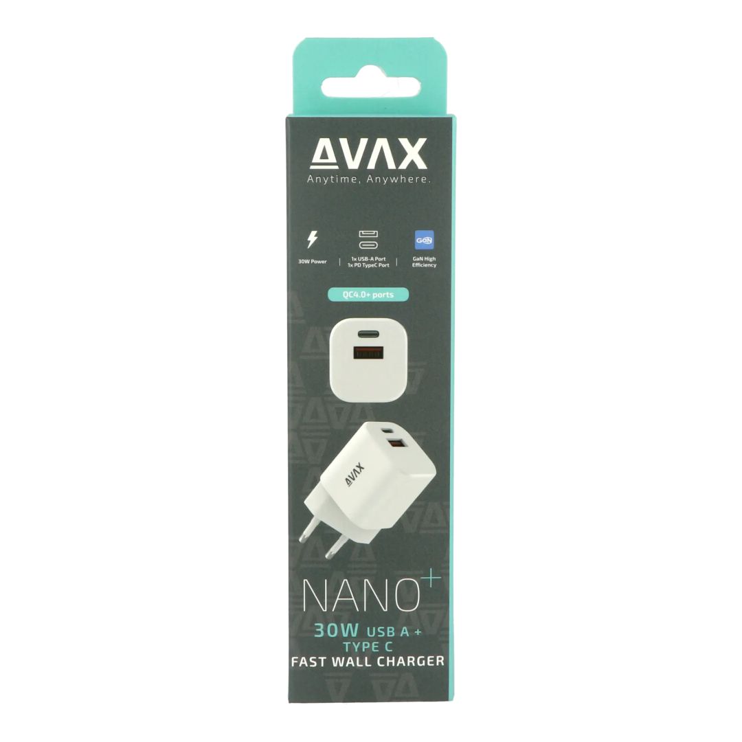 Avax CH640W NANO+ USB A + Type C Fast Charger White
