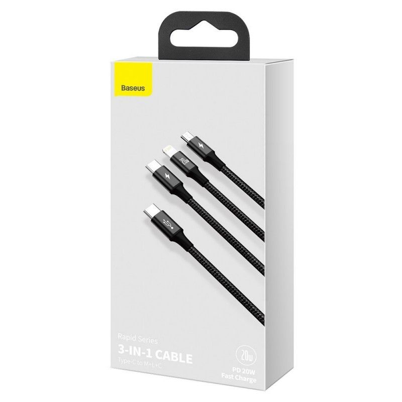 Baseus Rapid Series USB-C 3 az 1-ben kábel Mikro USB / Lightning / USB-C 20 W 1,5m Black