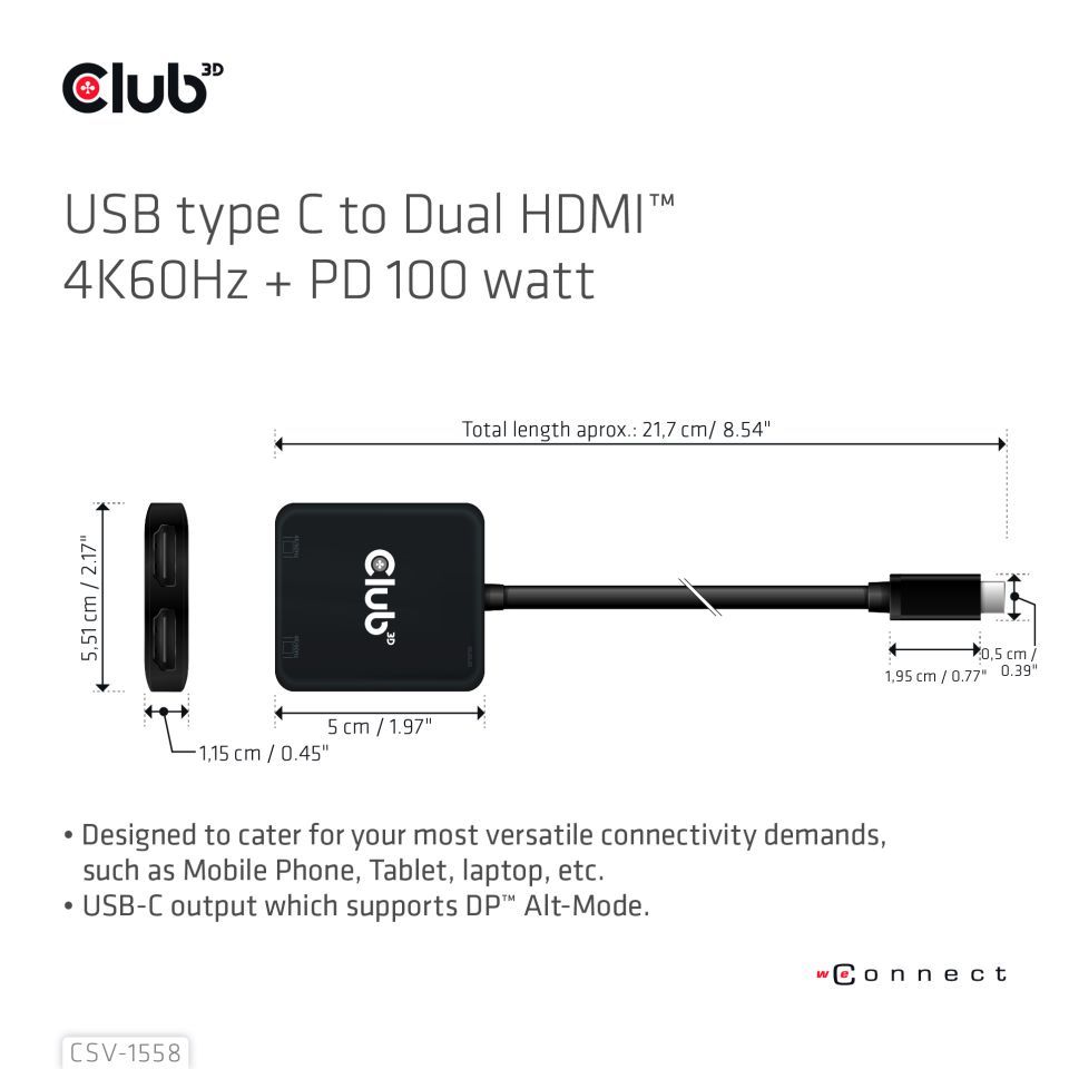 Club3D Club3D MST-Hub USB 3.2 Typ C &gt; 2x HDMI 4K60Hz +100W PD St/Bu retail