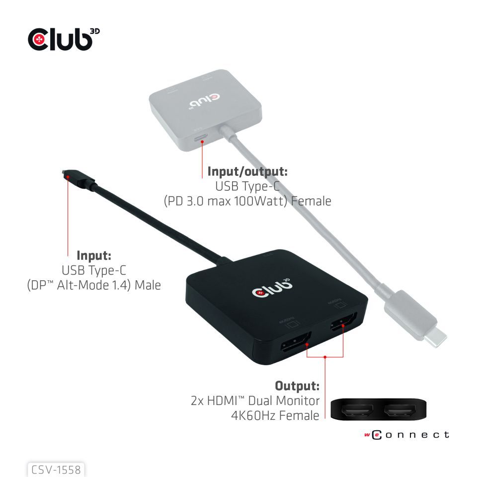 Club3D Club3D MST-Hub USB 3.2 Typ C &gt; 2x HDMI 4K60Hz +100W PD St/Bu retail