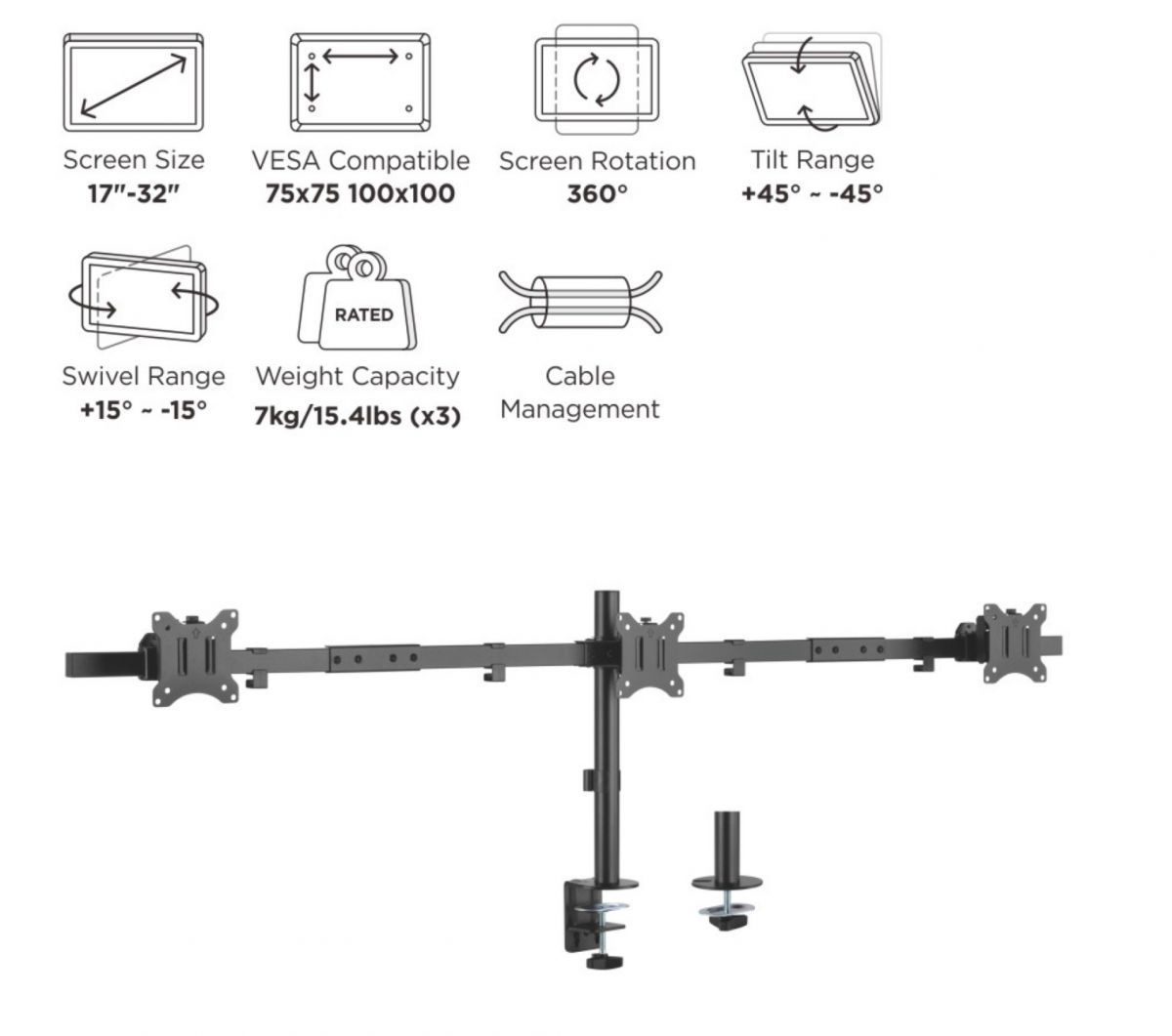 EQuip 17"-32" Articulating Triple Monitor Desk Mount Bracket Black